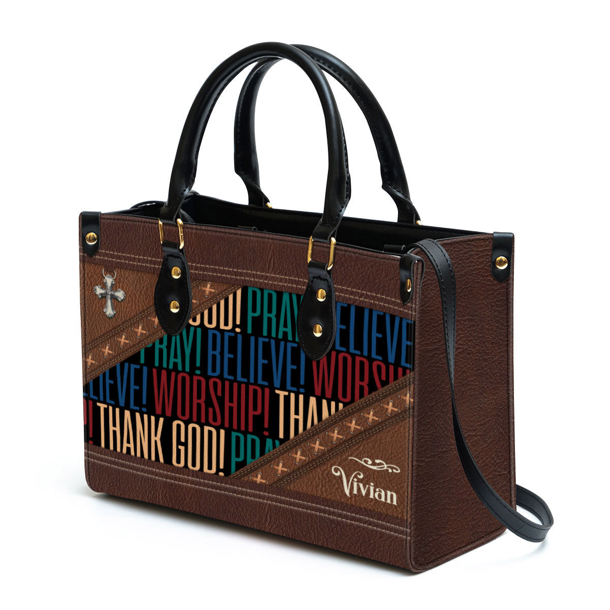 Personalized Leather Bag For Women - Pray Believe Worship Leather Bag Leather Bag - Christian Gifts for Women