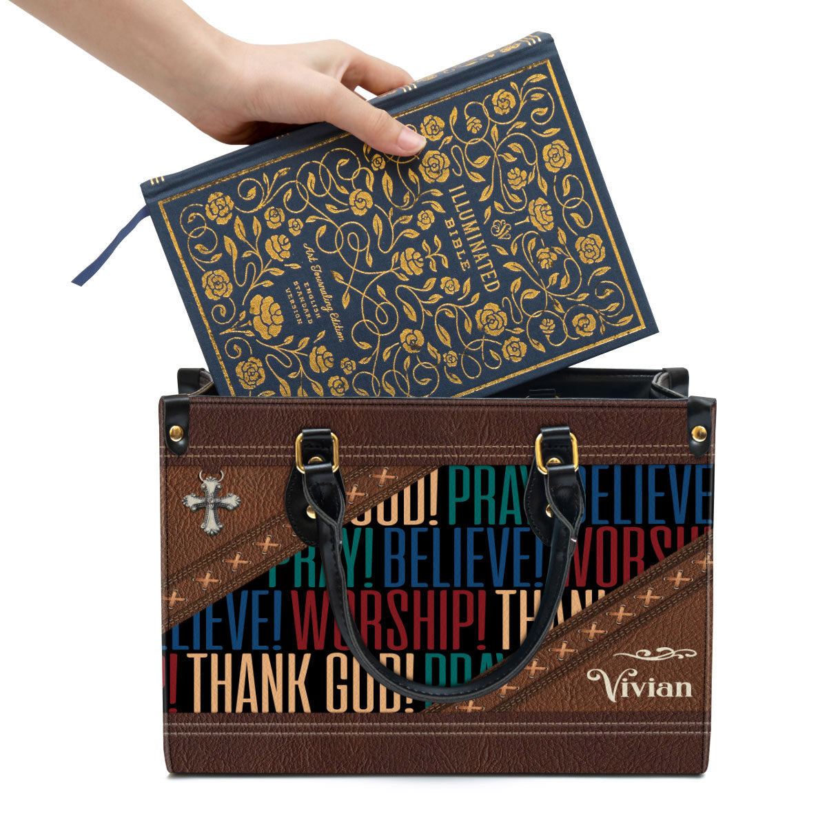 Personalized Leather Bag For Women - Pray Believe Worship Leather Bag Leather Bag - Christian Gifts for Women