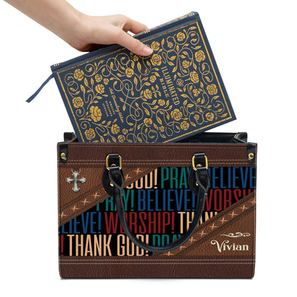 Personalized Leather Bag For Women - Pray Believe Worship Leather Bag Leather Bag - Christian Gifts for Women