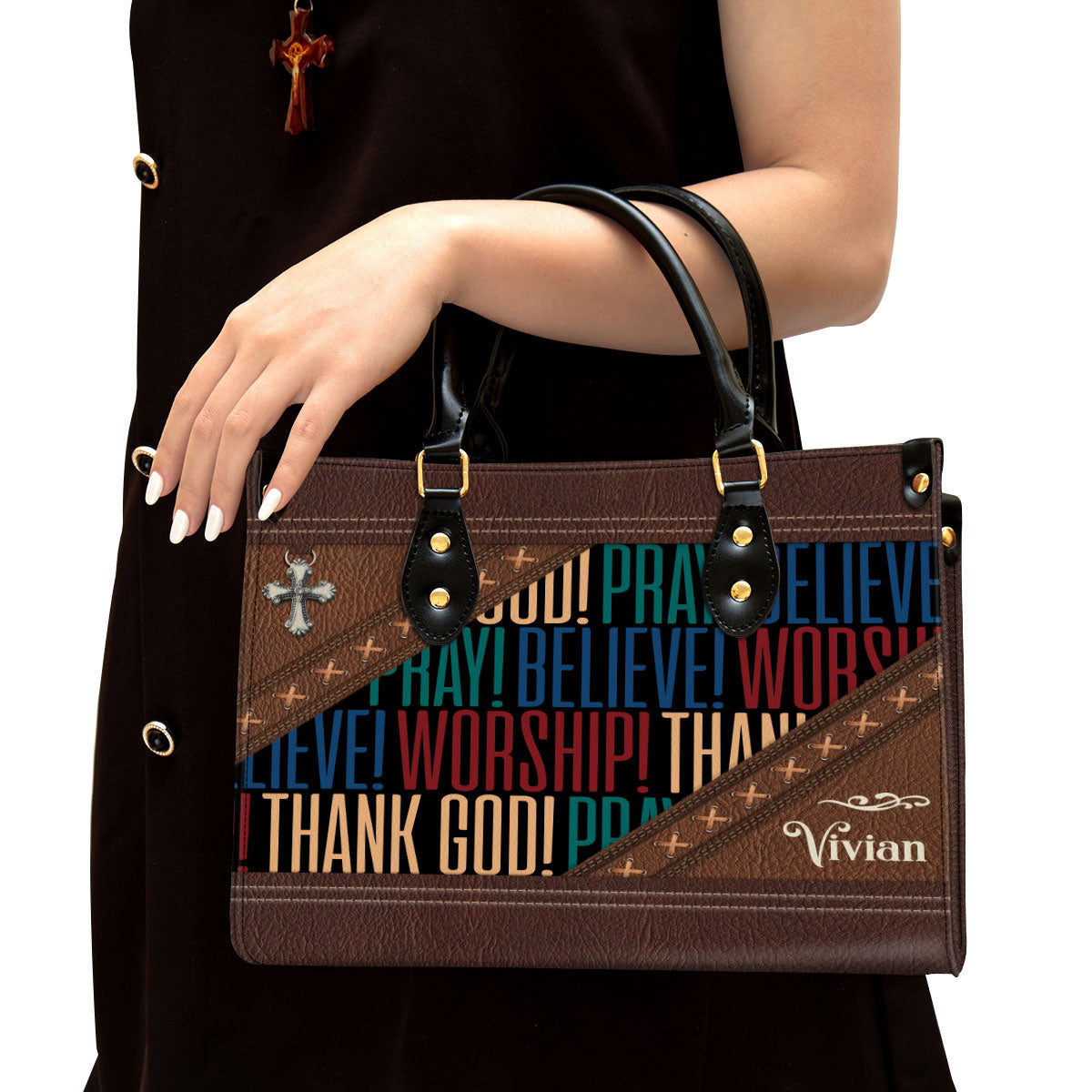 Personalized Leather Bag For Women - Pray Believe Worship Leather Bag Leather Bag - Christian Gifts for Women