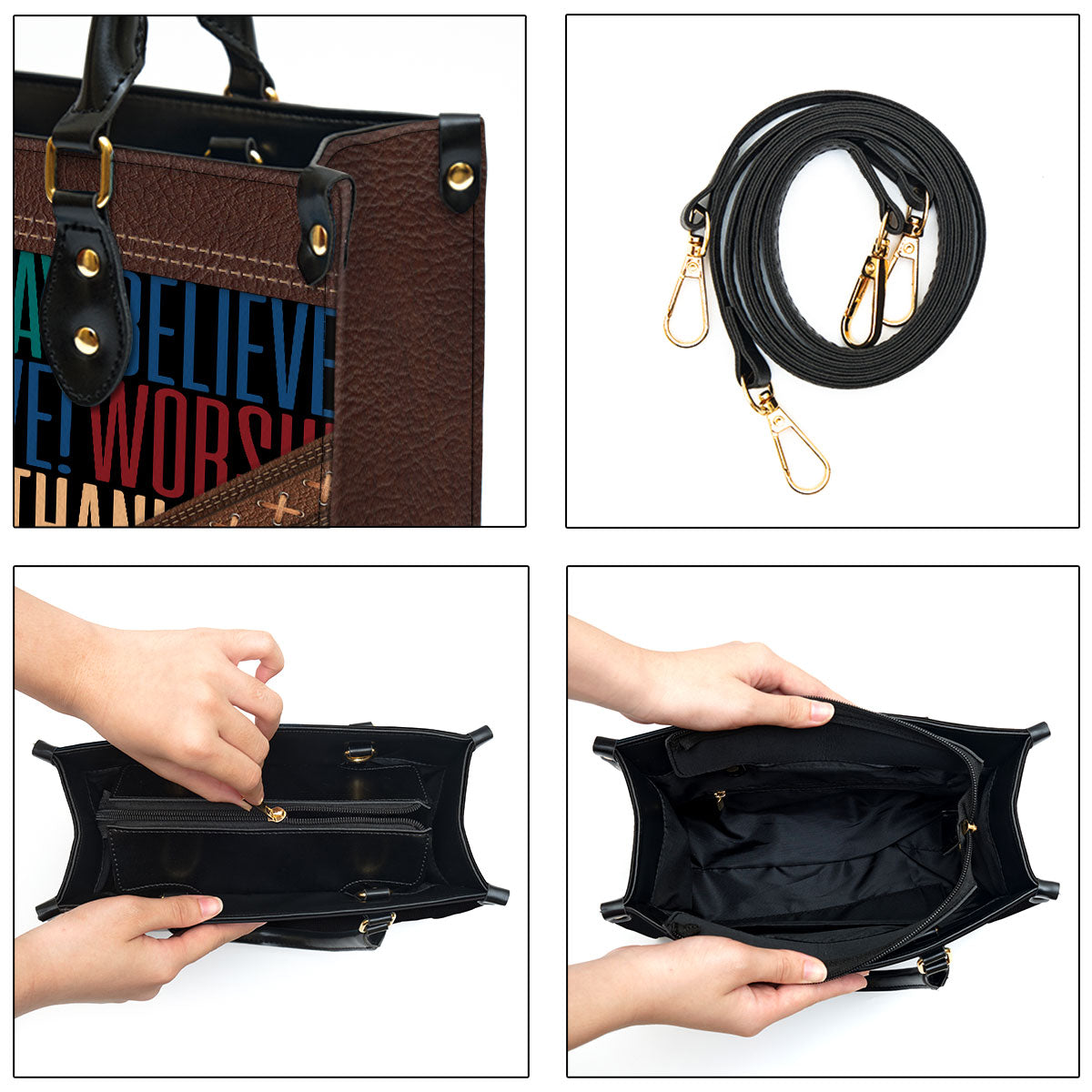 Personalized Leather Bag For Women - Pray Believe Worship Leather Bag Leather Bag - Christian Gifts for Women