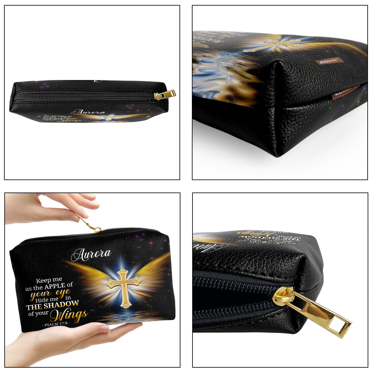 Personalized Leather Pouch With Zipper Hide Me In The Shadow Of Your Wings Psalm 178