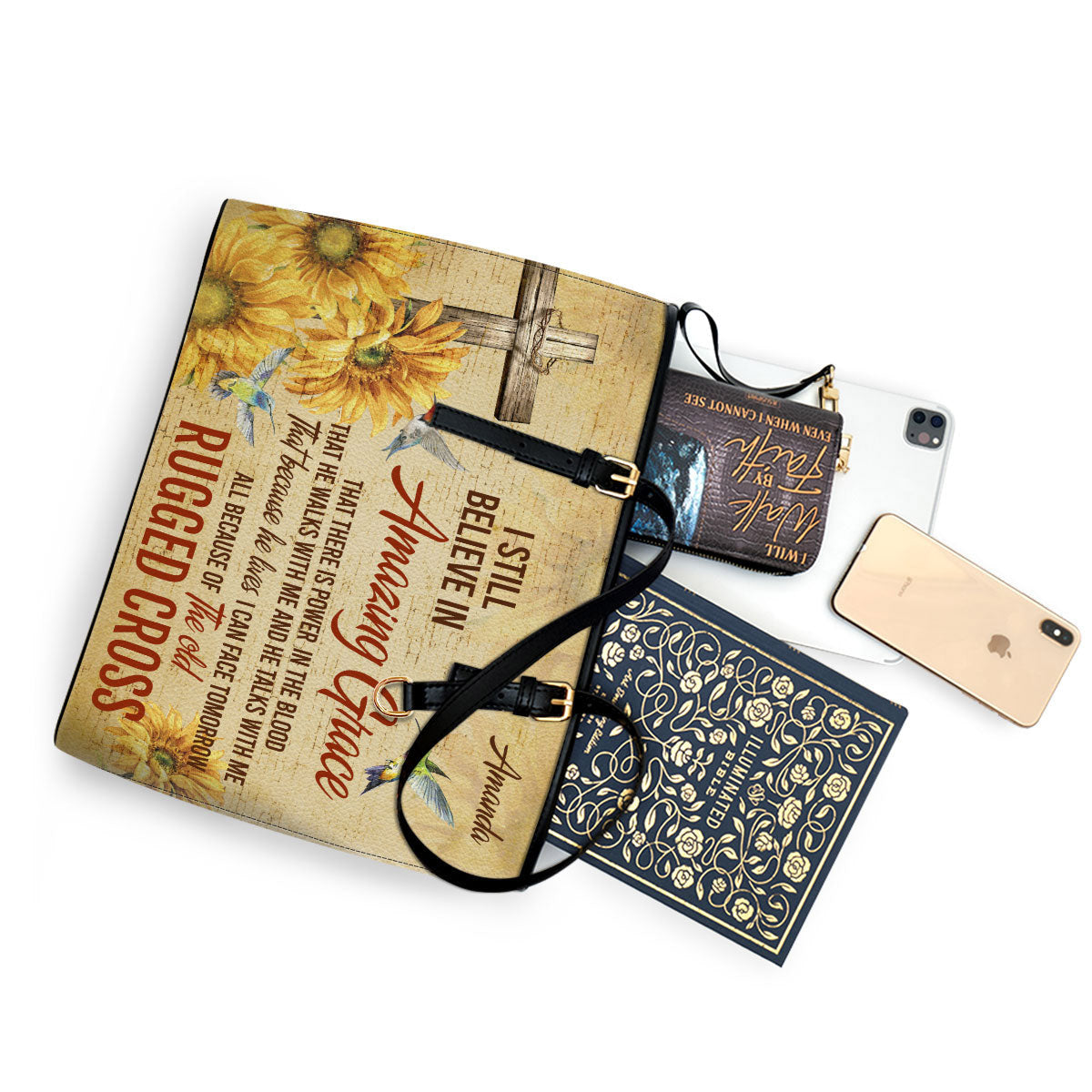 Personalized Leather Tote Bag I Still Believe In Amazing Grace Sunflower And Cross Bible Bag - Religious Gifts For Women Of God