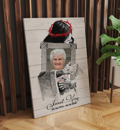 Personalized Memorial Photo Canvas Jesus Hugs A Woman - In The Arms Of Lord