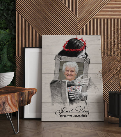 Personalized Memorial Photo Canvas Jesus Hugs A Woman - In The Arms Of Lord