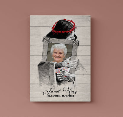 Personalized Memorial Photo Canvas Jesus Hugs A Woman - In The Arms Of Lord