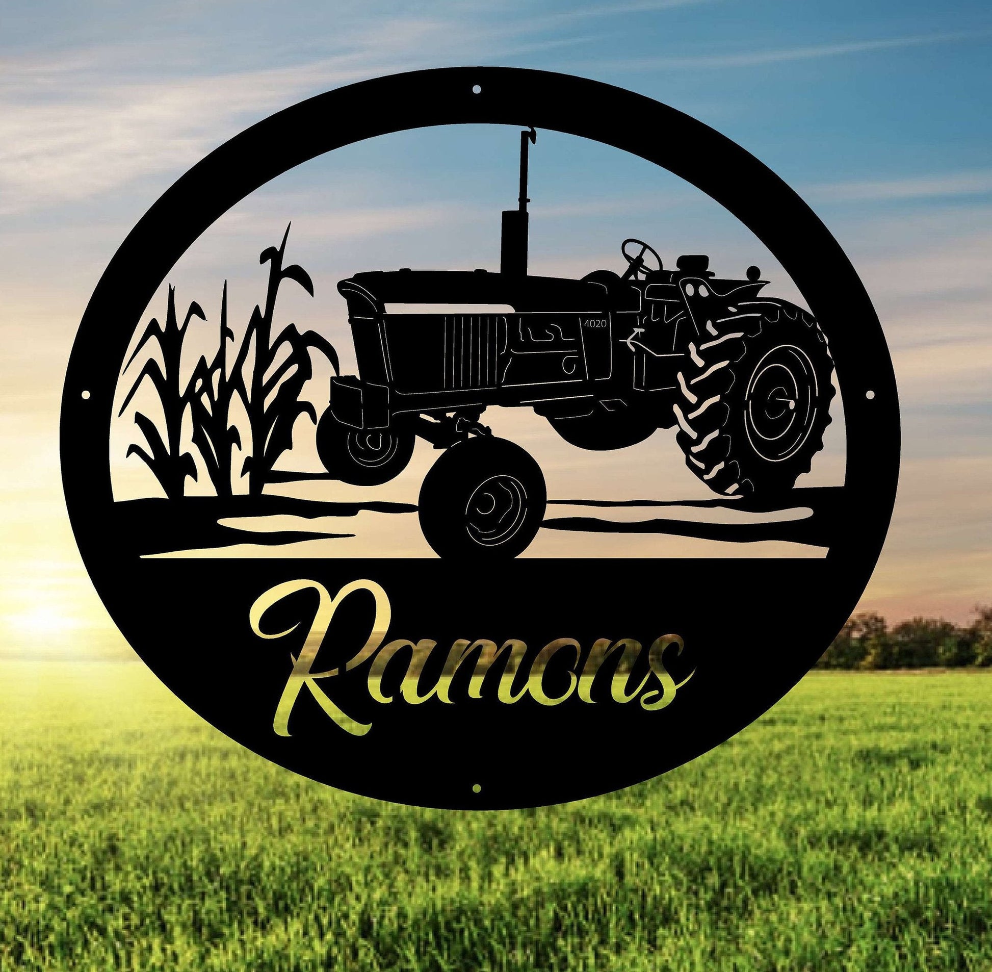 Personalized Metal Farm Sign - Corn Stalks Tractor Sign Customized Metal Wall Art - Farmer Gifts