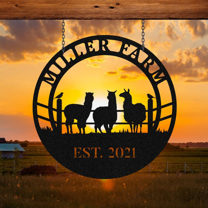 Personalized Metal Farm Sign Alpaca Monogram Custom Outdoor Farmhouse Ranch Barn Front Gate Wall Decor Art Gift