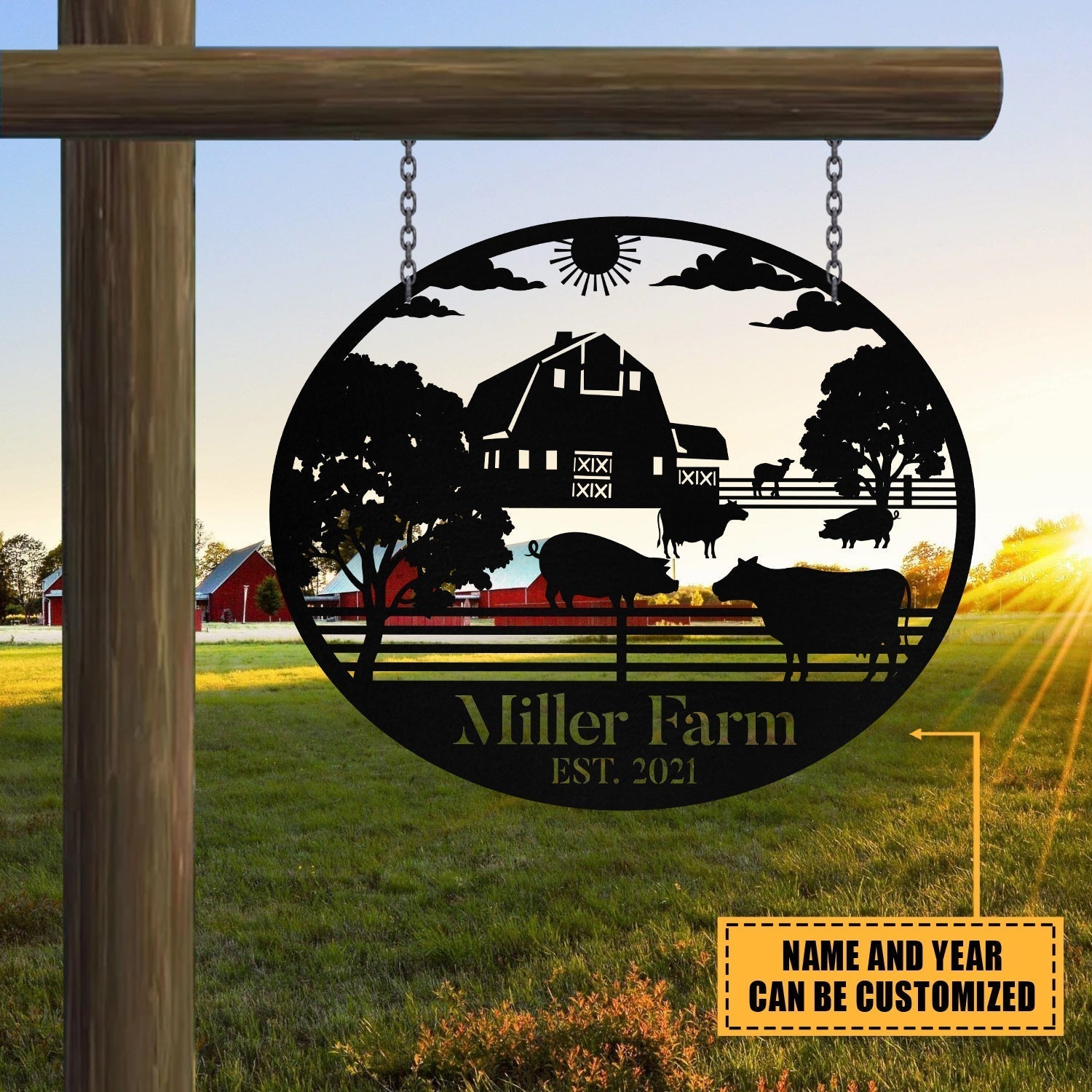 Personalized Metal Farm Sign Barn Cow Pig Monogram Custom Outdoor Farmhouse Front Gate Entry Road Wall Decor Art Gift