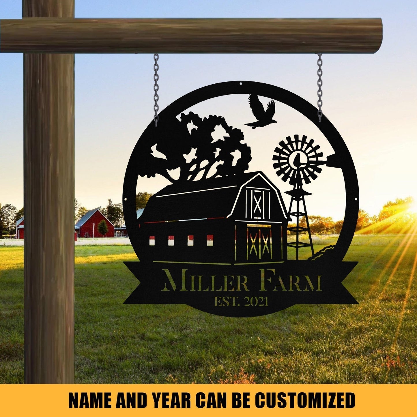 Personalized Metal Farm Sign Barn Windmill Monogram Custom Outdoor Farmhouse Front Gate Entry Road Wall Decor Art Gift