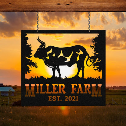 Personalized Metal Farm Sign Bull Monogram Custom Outdoor Farmhouse Front Gate Ranch Stable Wall Decor Art Gift