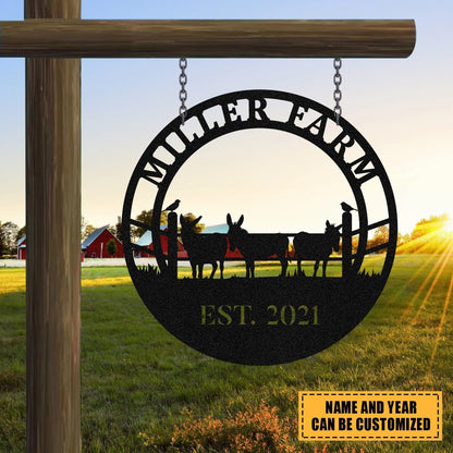 Personalized Metal Farm Sign Donkey Mule Monogram Custom Outdoor Farmhouse Ranch Barn Front Gate Wall Decor Art Gift