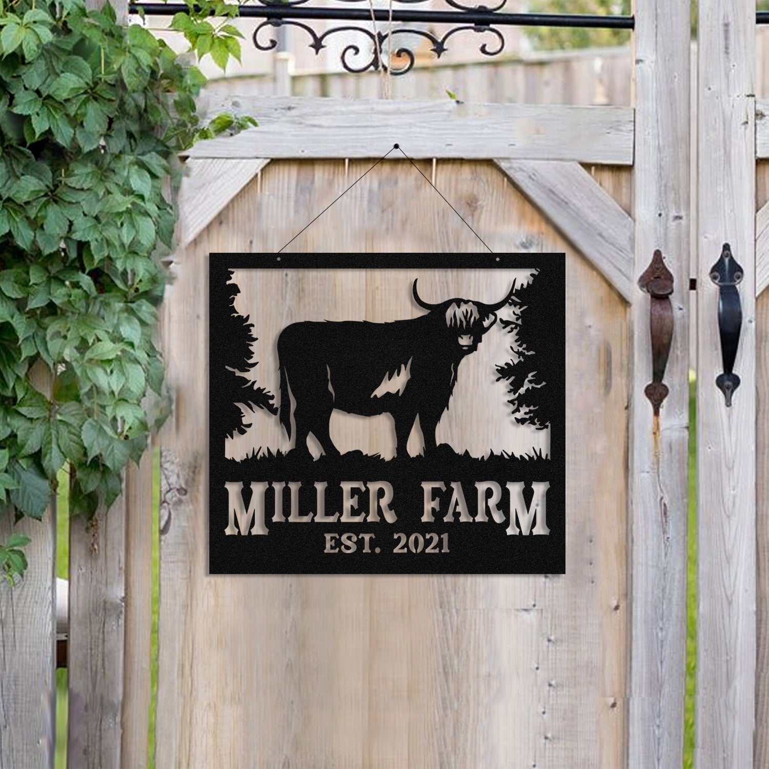 Personalized Metal Farm Sign Highland Cattle Cow Monogram Custom Outdoor Farmhouse Ranch Front Gate Wall Decor Art Gift