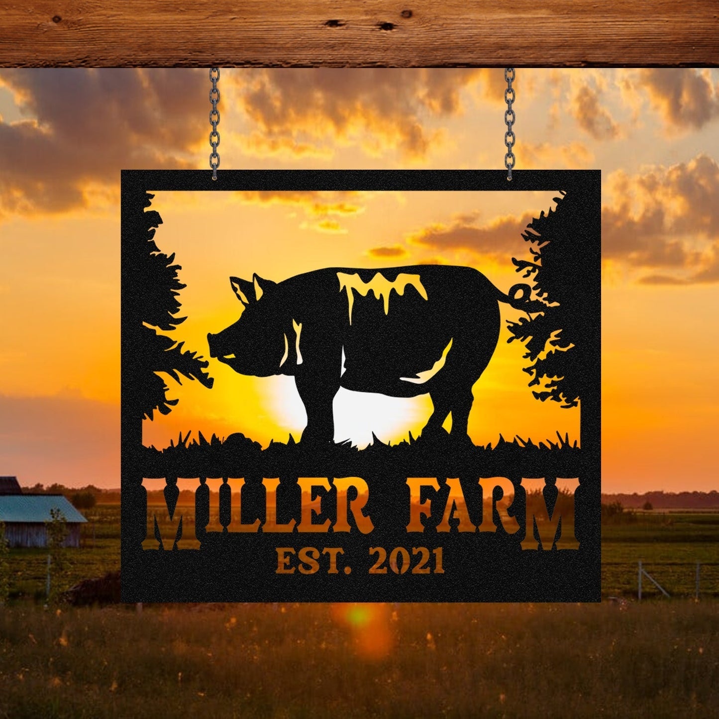 Personalized Metal Farm Sign Pig Monogram Custom Outdoor Farmhouse Ranch Barn Stable Front Gate Wall Decor Art Gift