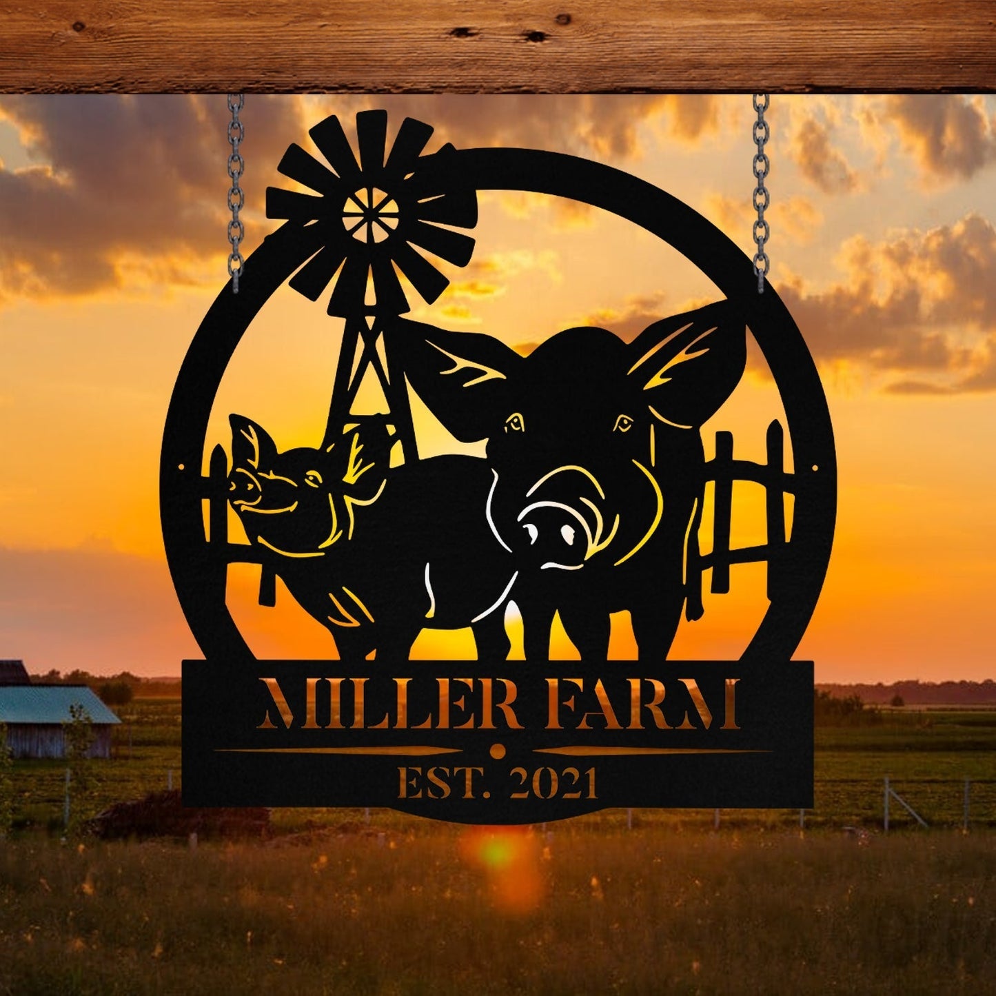 Personalized Metal Farm Sign Pig Windmill Monogram Custom Outdoor Farmhouse Front Gate Entry Road Wall Decor Art Gift