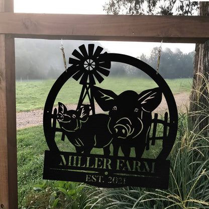 Personalized Metal Farm Sign Pig Windmill Monogram Custom Outdoor Farmhouse Front Gate Entry Road Wall Decor Art Gift