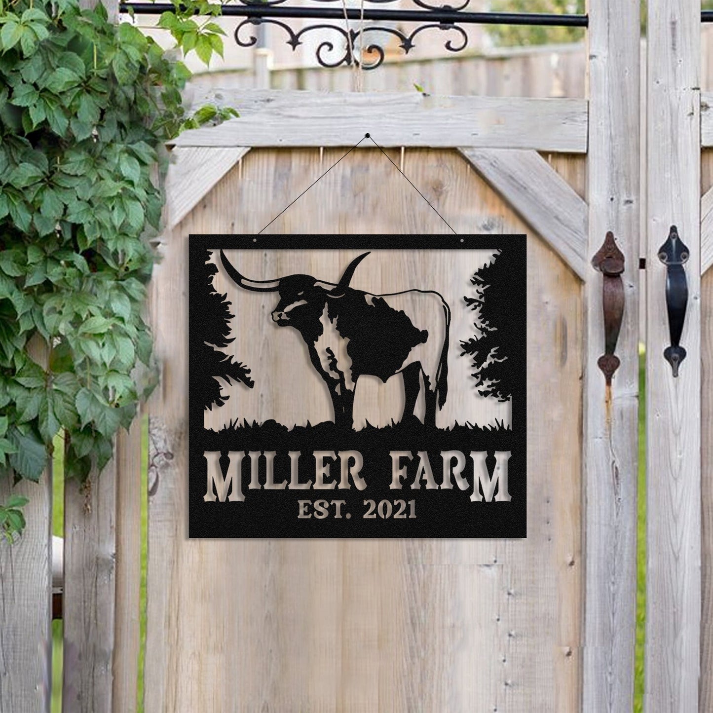 Personalized Metal Farm Sign Texas Longhorn Cattle Cow Monogram Custom Outdoor Farmhouse Ranch Wall Decor Art Gift