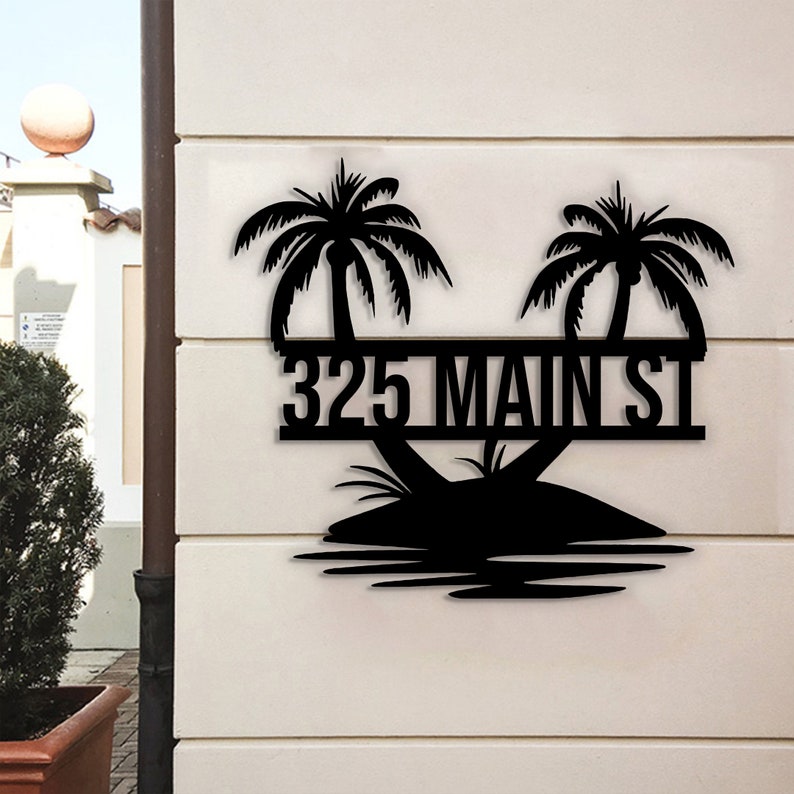 Personalized Palm Tree House Number Address Metal Sign - Custom Tropical Outdoor Sign - Beach House Decor - Pool Lake Sign