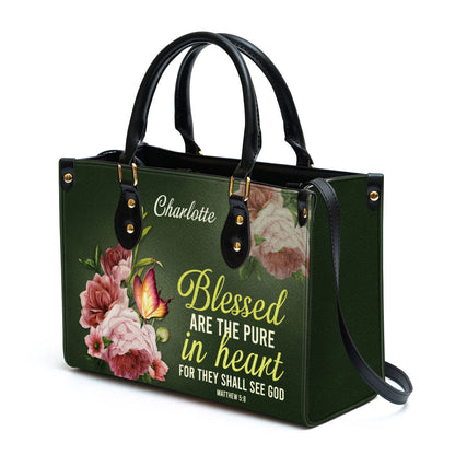 Personalized Peony Leather Handbag With Handle Blessed Are The Pure In Heart Matthew 58 Christian Gifts For Women