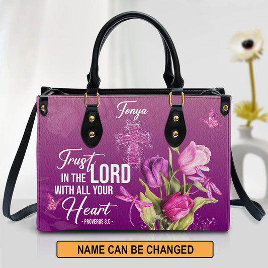 Personalized Purple Leather Handbag Trust In The Lord With All Your Heart Proverbs 35 Tulip And Cross