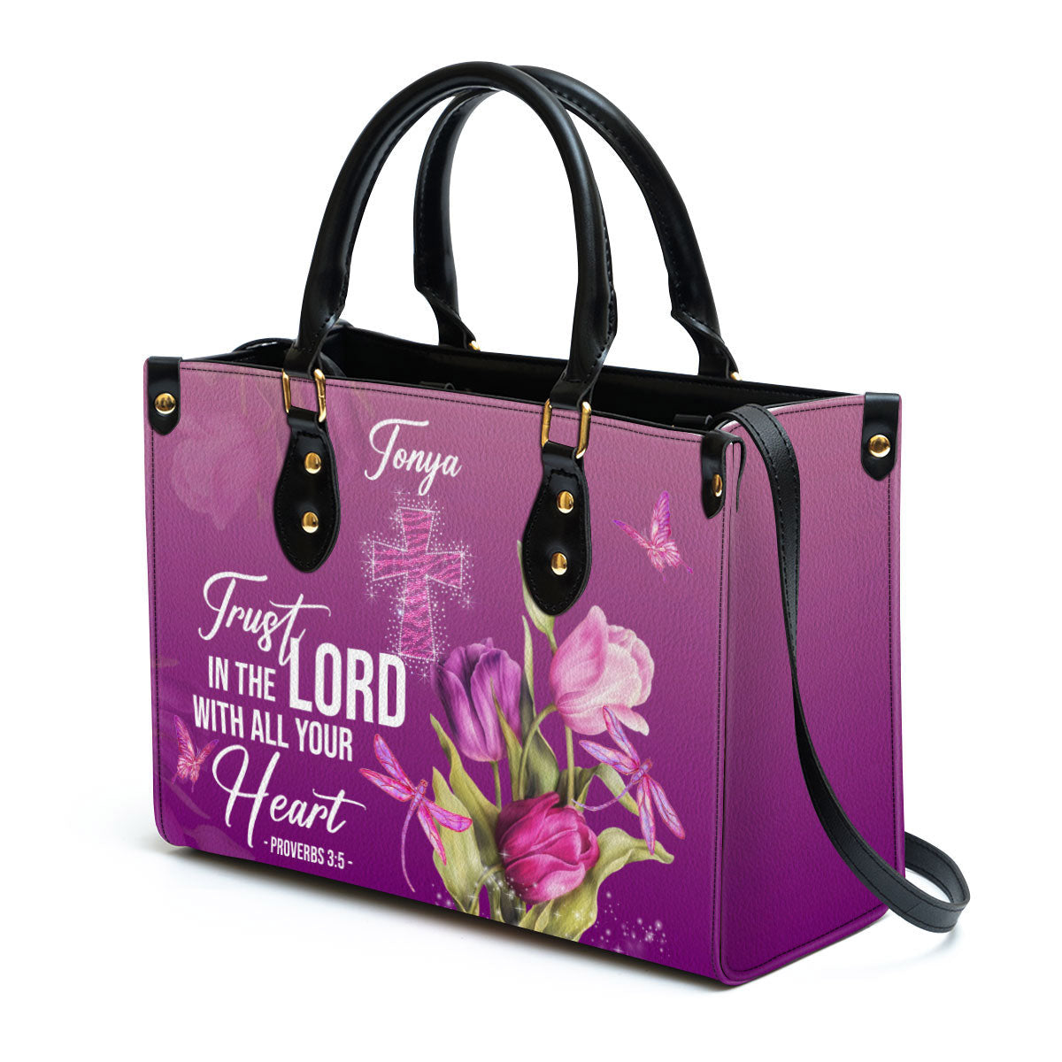 Personalized Purple Leather Handbag Trust In The Lord With All Your Heart Proverbs 35 Tulip And Cross