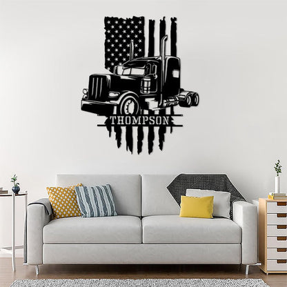 Personalized Truck Driver And American Flag Metal Sign - Custom Trucker Wall Art For Home Decor - Father's Day Gift