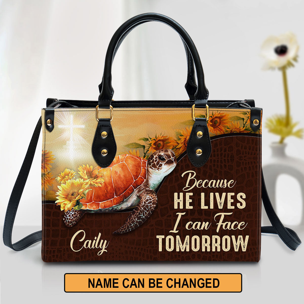 Personalized Turtle Because He Lives I Can Face Tomorrow Leather Bag - Christian Pu Leather Bags For Women