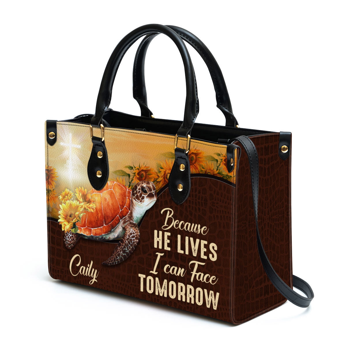 Personalized Turtle Because He Lives I Can Face Tomorrow Leather Bag - Christian Pu Leather Bags For Women