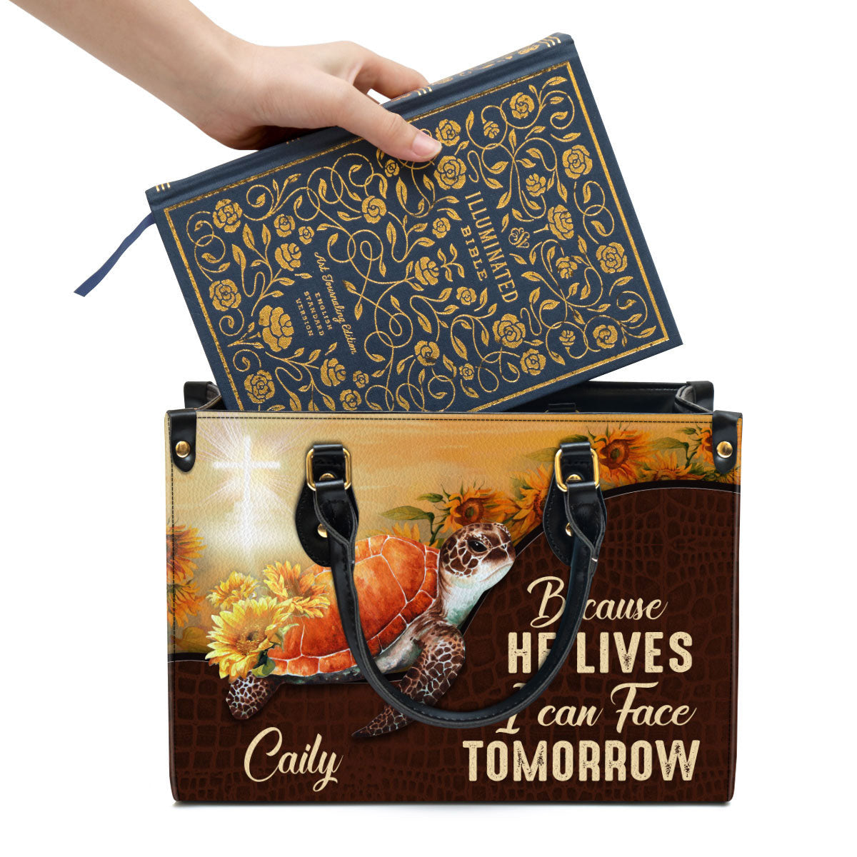 Personalized Turtle Because He Lives I Can Face Tomorrow Leather Bag - Christian Pu Leather Bags For Women