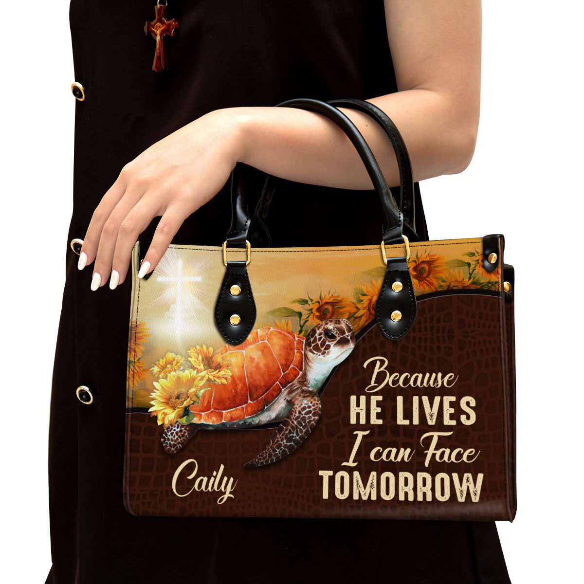 Personalized Turtle Because He Lives I Can Face Tomorrow Leather Bag - Christian Pu Leather Bags For Women