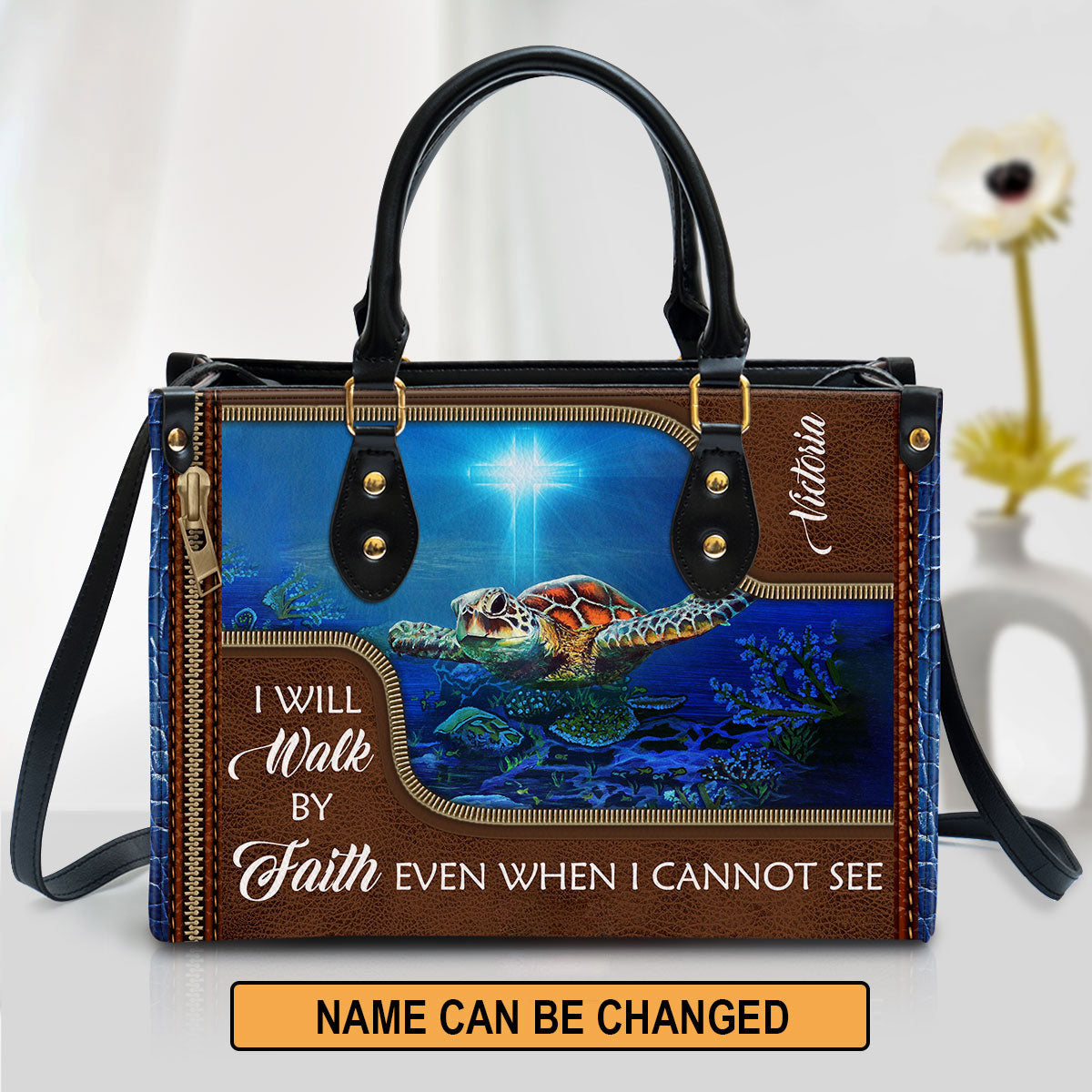 Personalized Turtle Leather Bag I Will Walk By Faith Even When I Cannot See - Women Pu Leather Bag - Christian Gifts For Women