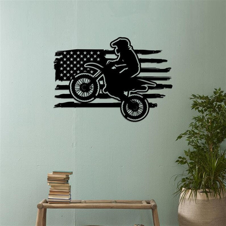 Personalized US Flag Biker Metal Sign - Custom Dirt Bike Wall Art - Father's Day Gift - Birthday Gift - Gift For Him