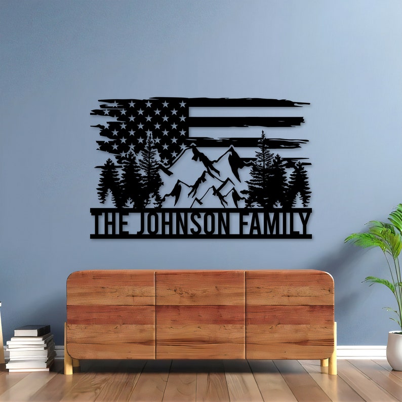 Personalized US Flag Forest Mountain Metal Sign - Custom Patriotic Wall Art For Home Decor - Metal Decor Wall Art
