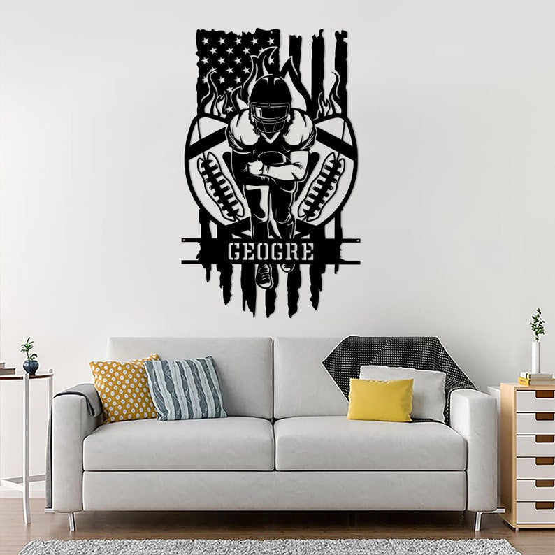 Personalized US Football Player With US Flag Metal Sign - Sport Wall Art With Custom Name For Home Decor - Metal Decor Wall Art