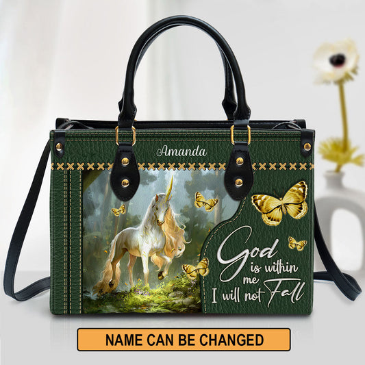 Personalized Unicorn God Is Within Me I Will Not Fall Leather Bag - Christian Pu Leather Bags For Women