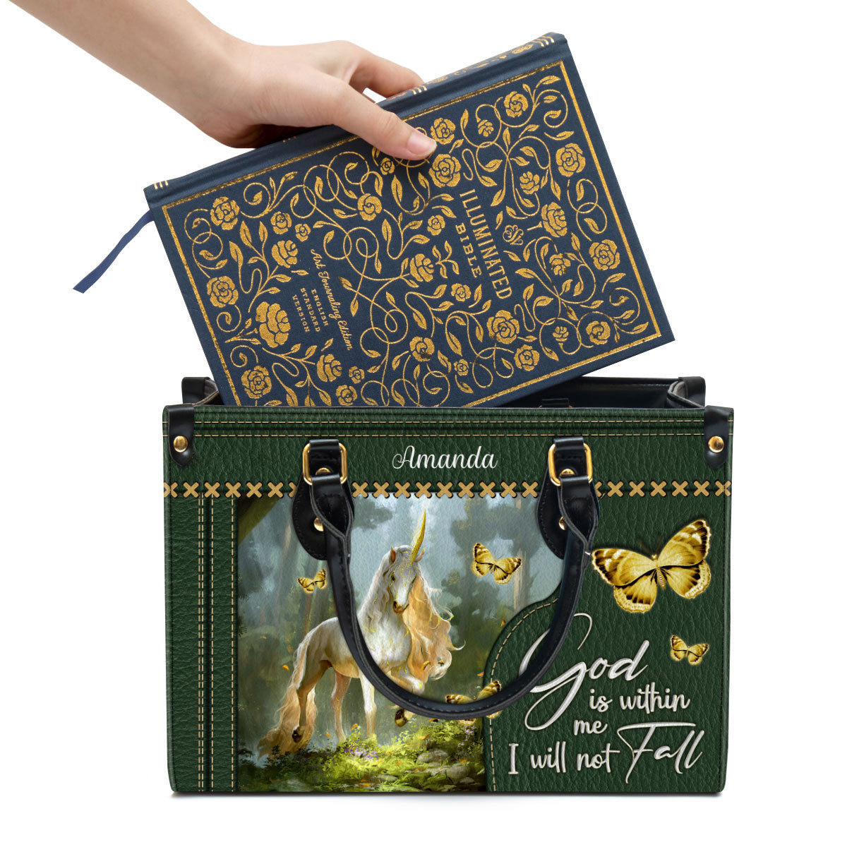 Personalized Unicorn God Is Within Me I Will Not Fall Leather Bag - Christian Pu Leather Bags For Women