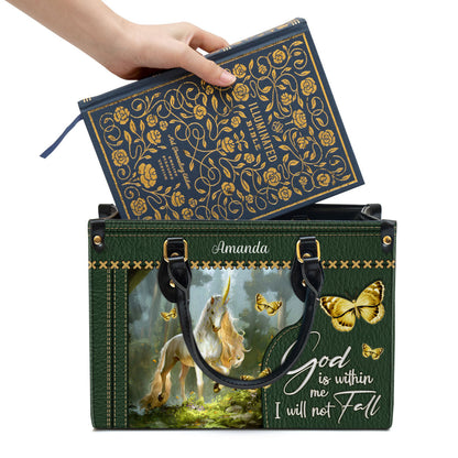 Personalized Unicorn God Is Within Me I Will Not Fall Leather Bag - Christian Pu Leather Bags For Women