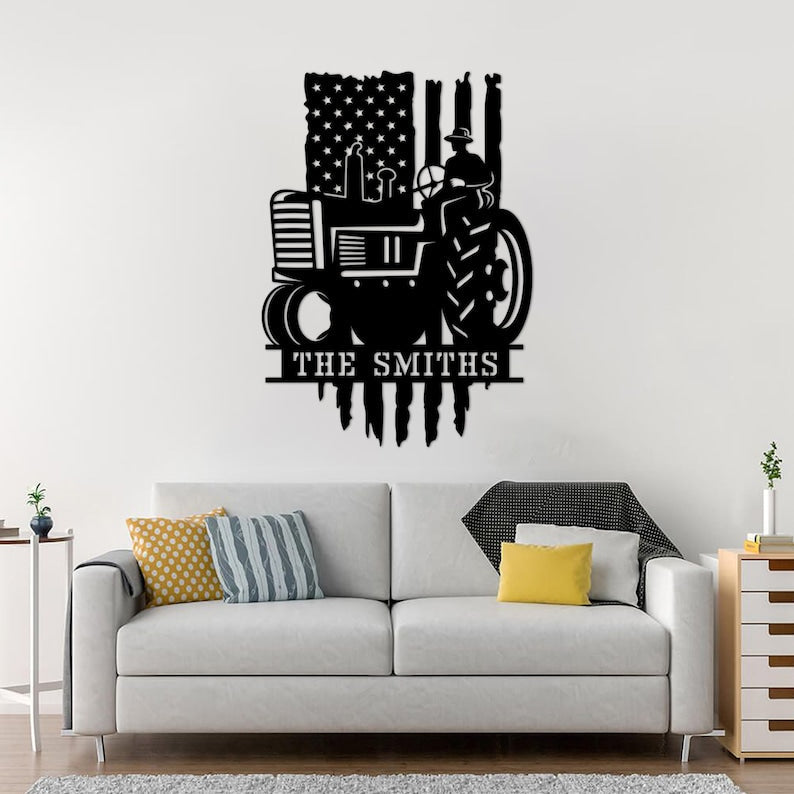 Personalized Vintage Tractor And American Flag Metal Sign - Custom Family Name Wall Art For Farmhouse Decor - Farm Decor - Gift For Farmer
