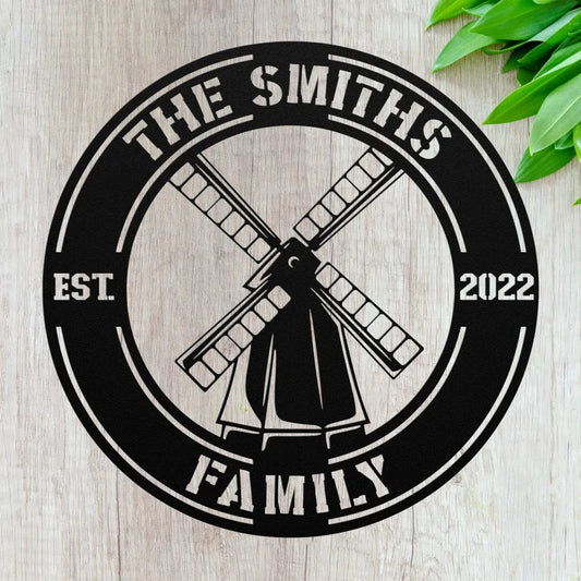 Personalized Windmill Metal Wall Art For Garden - Custom Sign With Family Name - Farm House Decor