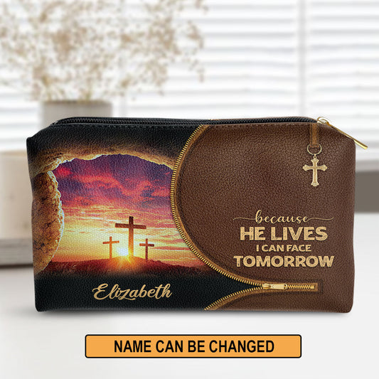 Personalized Zippered Leather Pouch Because He Lives I Can Face Tomorrow - Inspirational Gift For Her