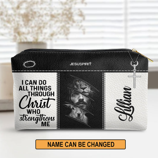 Personalized Zippered Leather Pouch Jesus & Lion Philippians 413 - Inspirational Gift For Christian Family