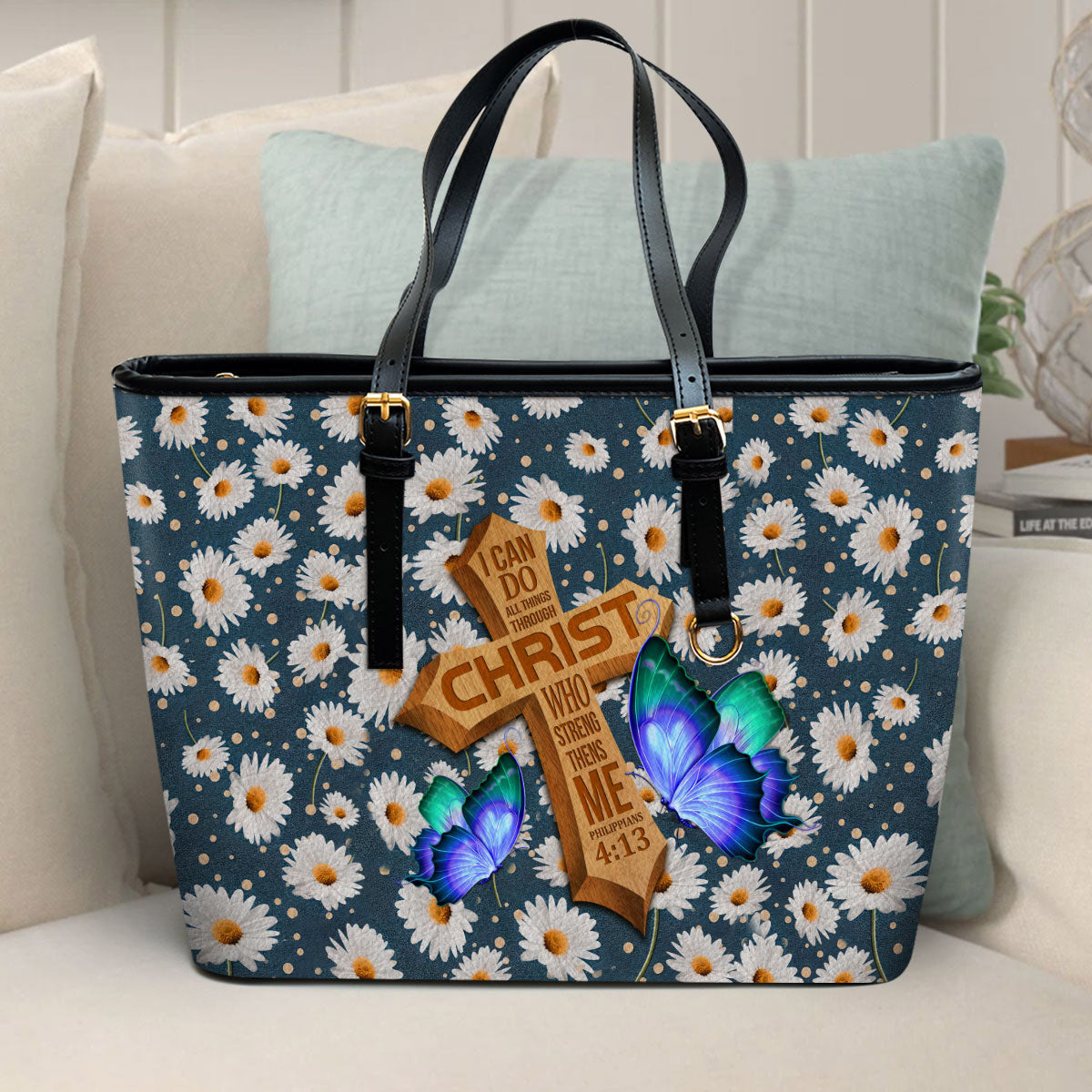 Philippians 413 Daisy And Cross I Can Do All Things Through Large Leather Tote Bag - Christ Gifts For Religious Women - Best Mother's Day Gifts