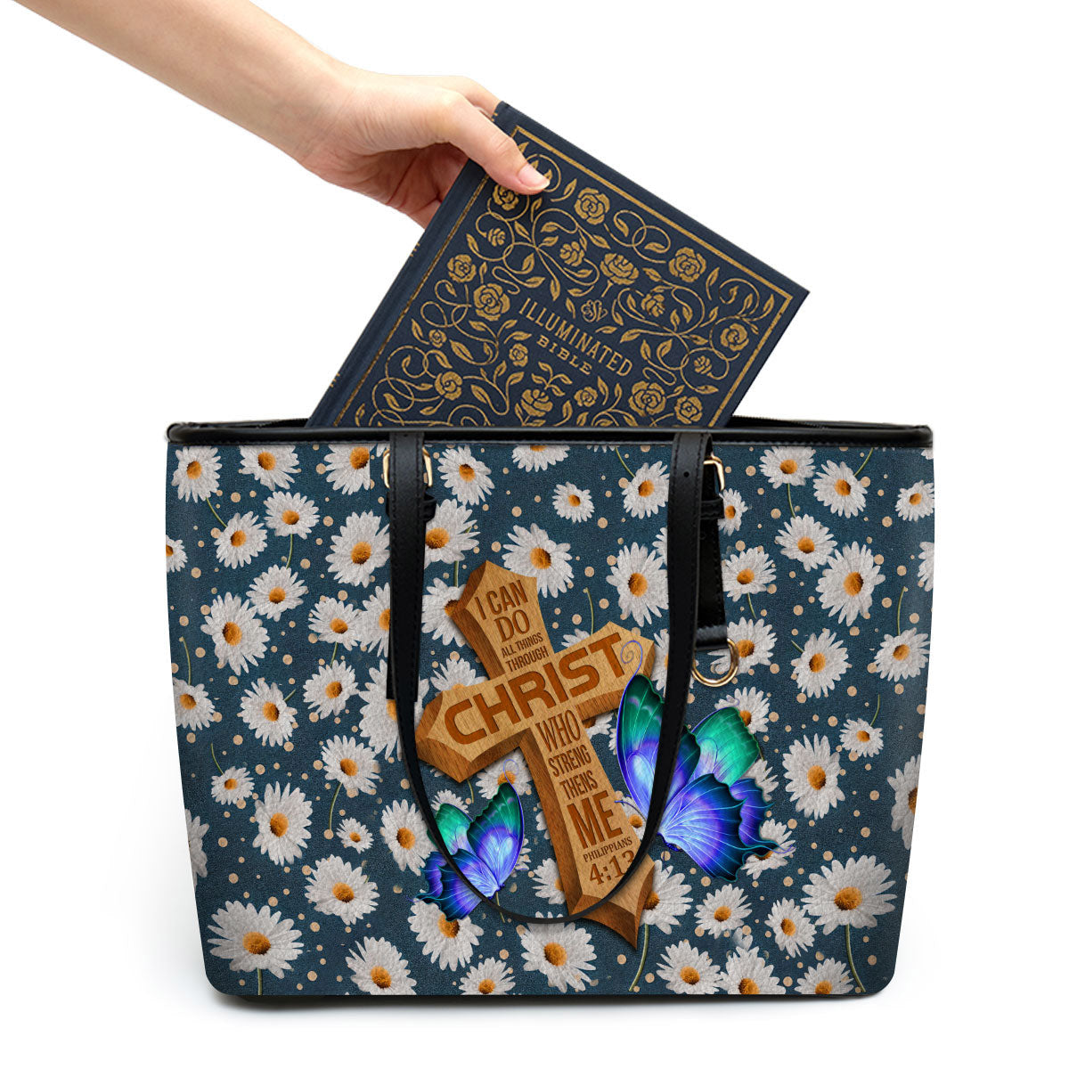 Philippians 413 Daisy And Cross I Can Do All Things Through Large Leather Tote Bag - Christ Gifts For Religious Women - Best Mother's Day Gifts