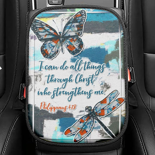 Philippians 413 I Can Do All Things Through Christ Butterfly Seat Box Cover, Bible Verse Car Center Console Cover, Scripture Car Interior Accessories