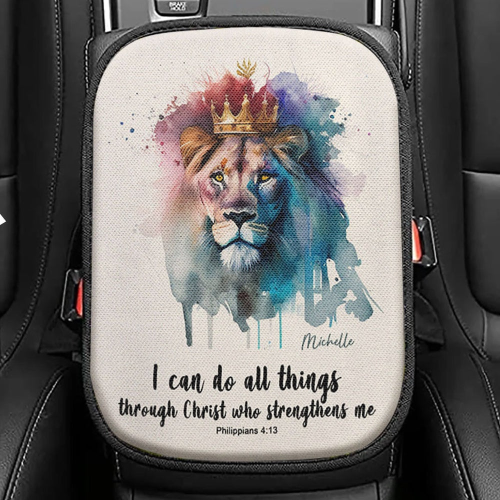 Philippians 413 I Can Do All Things Through Christ Seat Box Cover, Inspirational Car Center Console Cover, Christian Car Interior Accessories