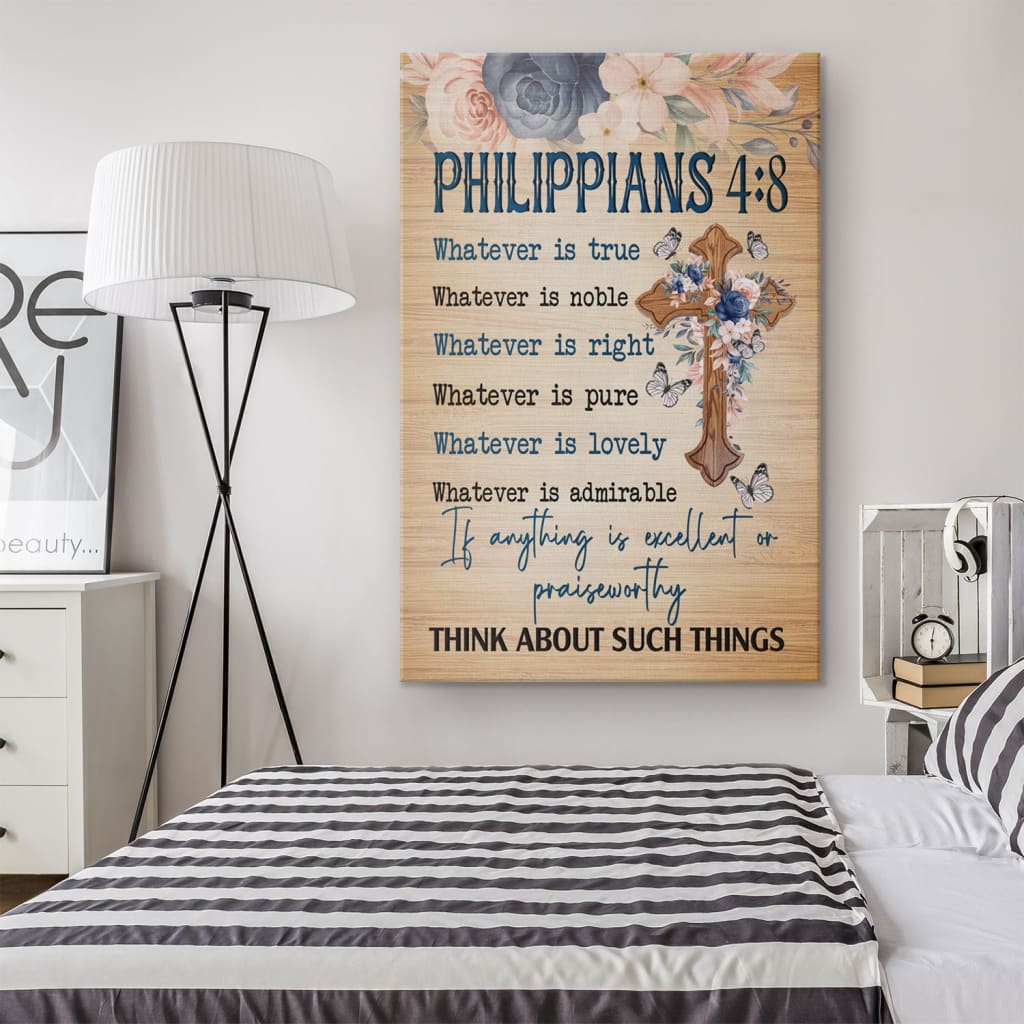 Philippians 48 Whatever Is True Floral Cross Canvas Art - Bible Verse Canvas - Scripture Wall Art