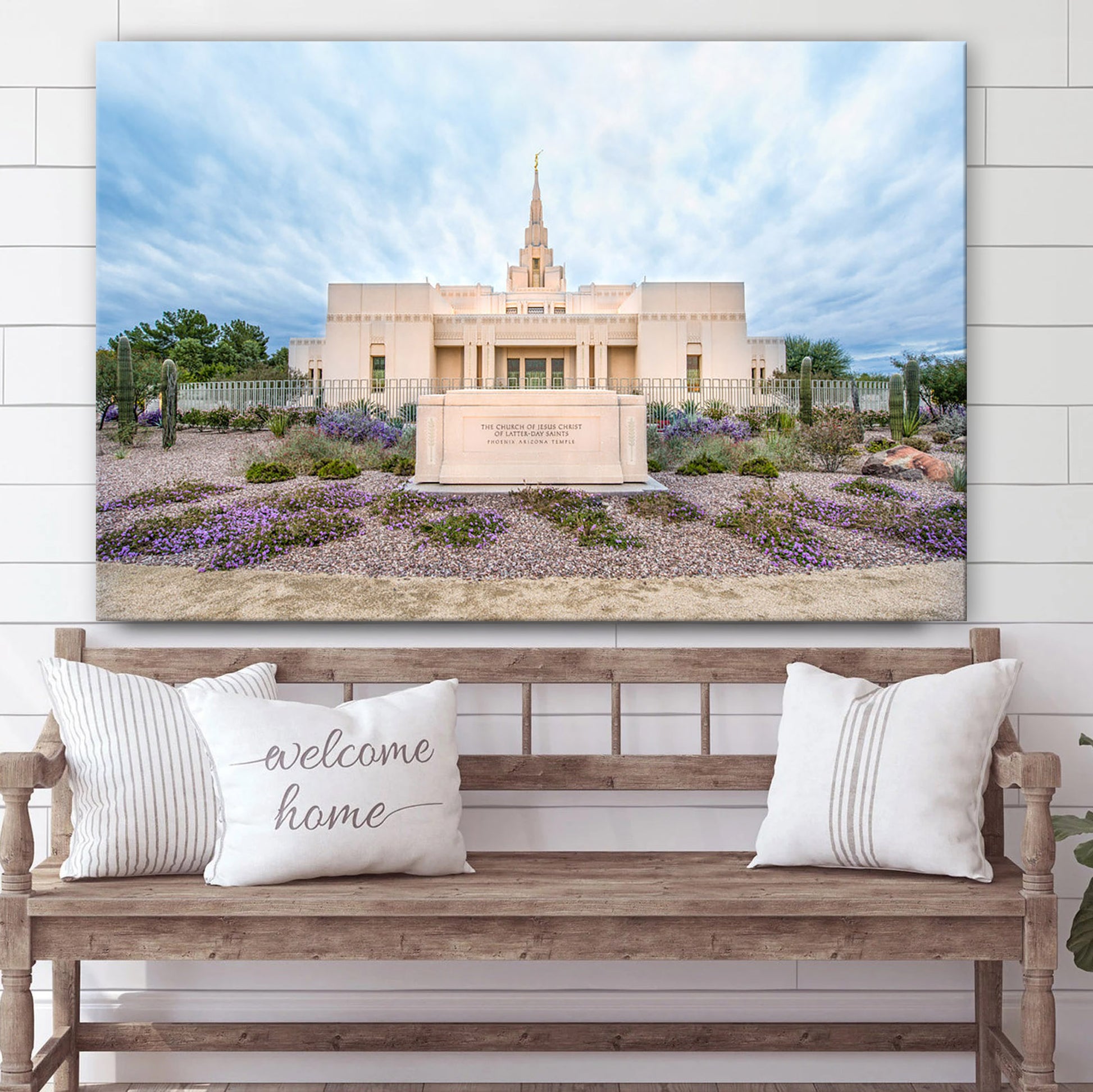 Phoenix Arizona Temple Purple Flower Pathway Canvas Wall Art - Jesus Christ Picture - Canvas Christian Wall Art