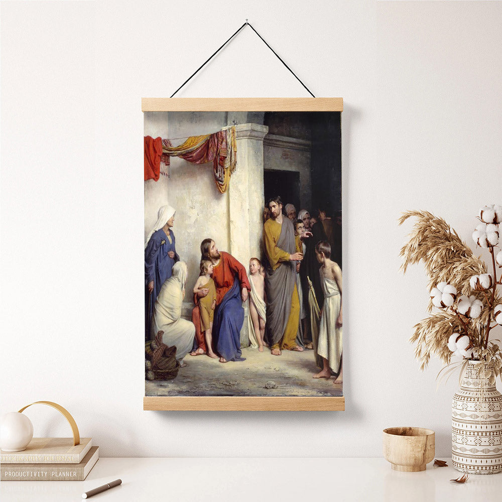 Pictures Of Jesus With Children - Suffer The Children To Come Unto Me Portrait Hanging Canvas Wall Art - Christian Wall Decor - Religious Canvas