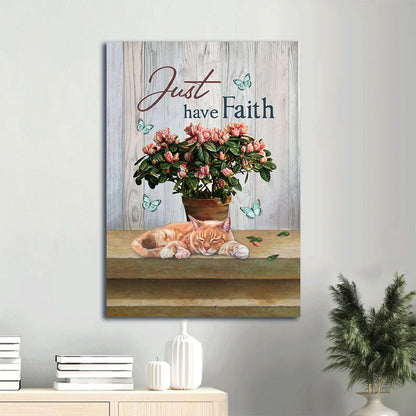 Pink Flower Sleeping Cat Pretty Butterfly Just Have Faith Canvas Wall Art - Christian Gift