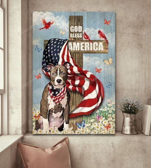Pit Bull - God Bless America Pitbull Portrait Canvas Prints - Canvas Decor Ideas